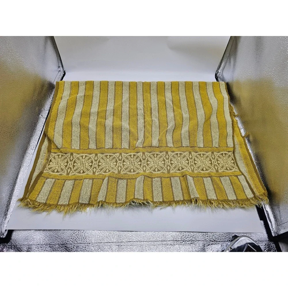 Vintage Montgomery Ward Style House Yellow Striped Cotton Fringe Hand Towel 70s